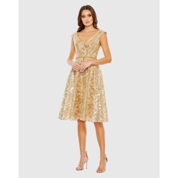 Mac Duggal Gold Sequined V Neck Cap Sleeve Dress Size 14 Midi Dress 68012 New - Picture 3 of 9